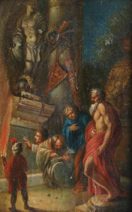"A nocturnal scene with figures before an antique monument"
