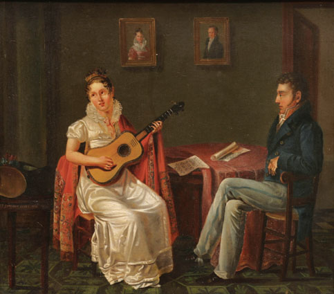 Junges Paar im Salon, musizierend bzw. lauschend
