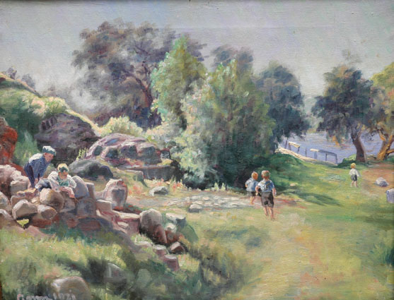 Children merrymaking in a wild park near the overgrown ruins of a fortress