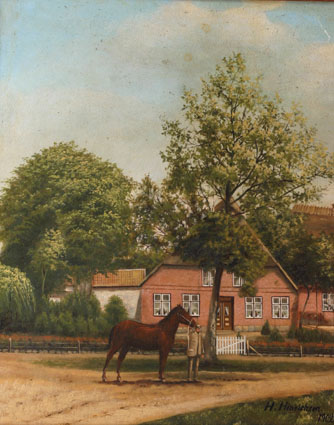 A farmer with a racing-horse before the farmhouse