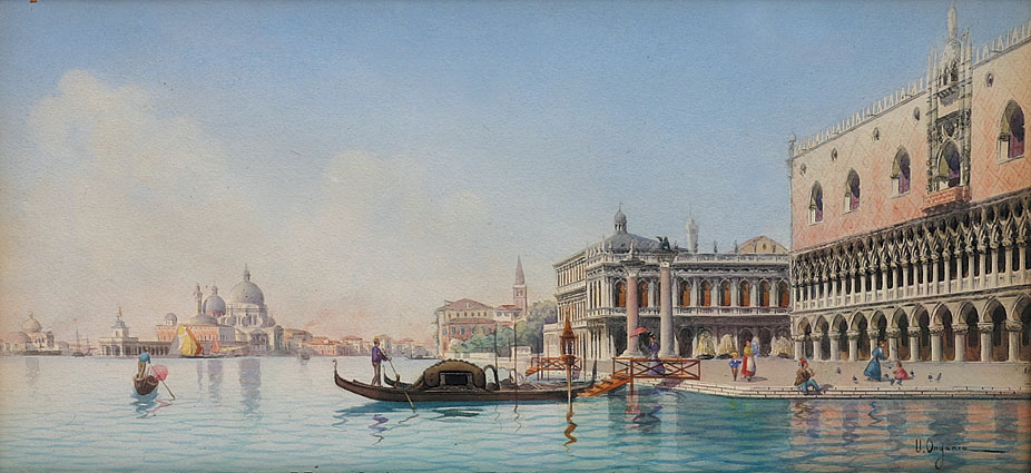 Venedig-Panorama beim Dogenpalast, mit S.Giorgio und Sta.Maria della Salute