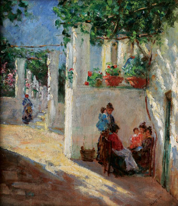 Women and children in an italian garden under a flourishing pergola