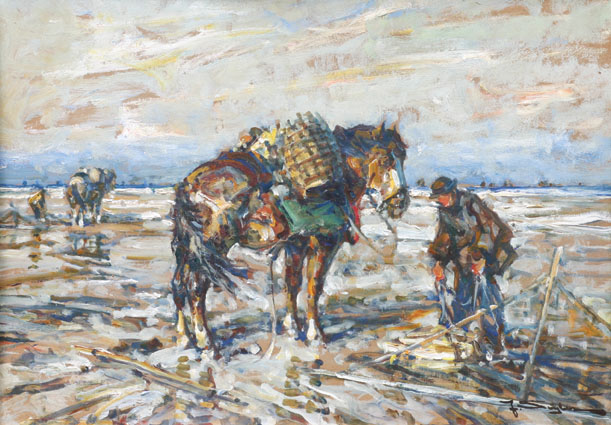 Crabfishers and horses at the stormy shores of Northern Sea