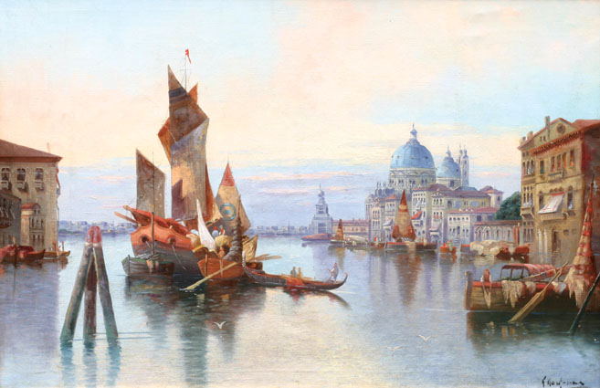 Teilansicht von Venedig mit vielerlei Figuren und Booten