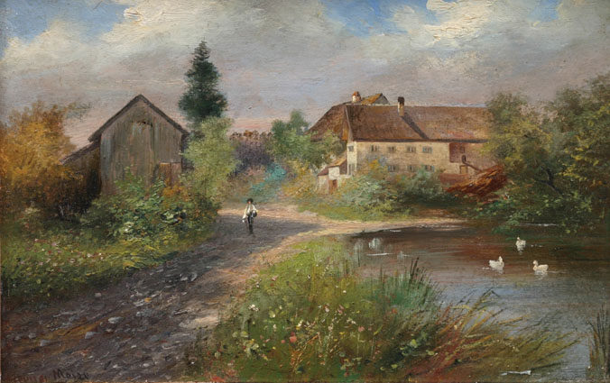 A village with large farmhouses, a traveller and white ducks