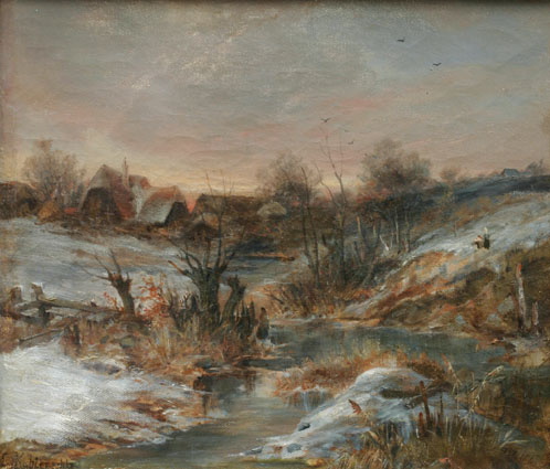 A winter landscape with a brook and a village beyond