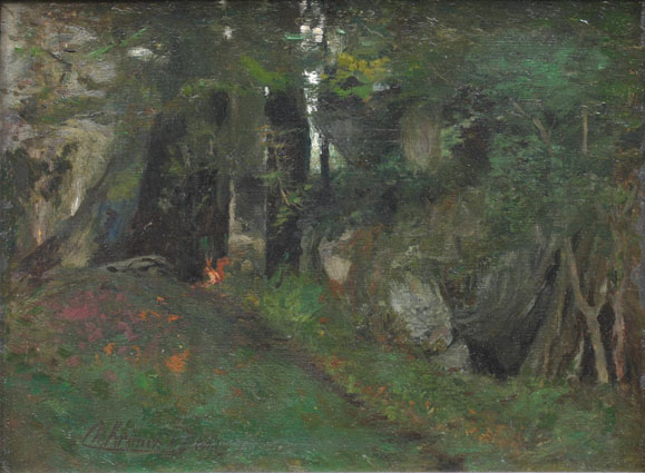 A forest-interior with a squirrrel under a beech-tree