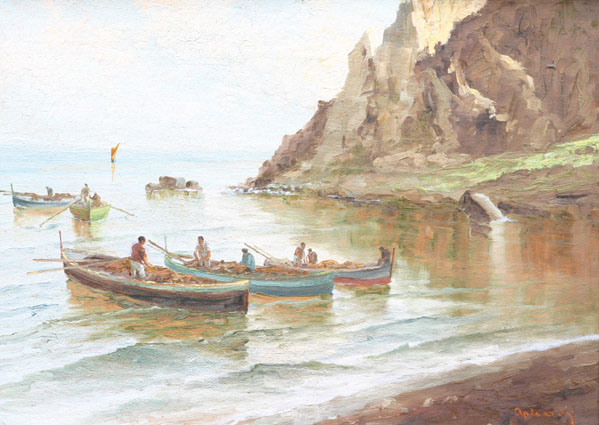 Fishermen preparing boats and nets in a Capri-bay (?)