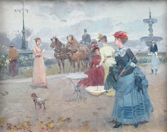 Paris: elegant Ladies, a garçon and a horsedrawn coach in an open-air-café