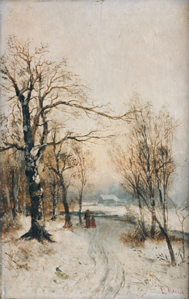 A winter-landscape; mother and child on a track under frosty trees