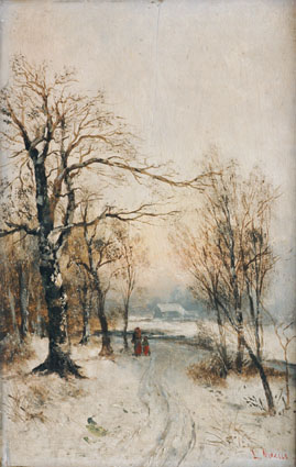 Winterlandschaft; Mutter und Kind auf dem Heimweg