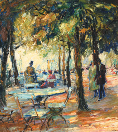 "People in a bavarian 'Biergarten' under spreading chestnut-trees"