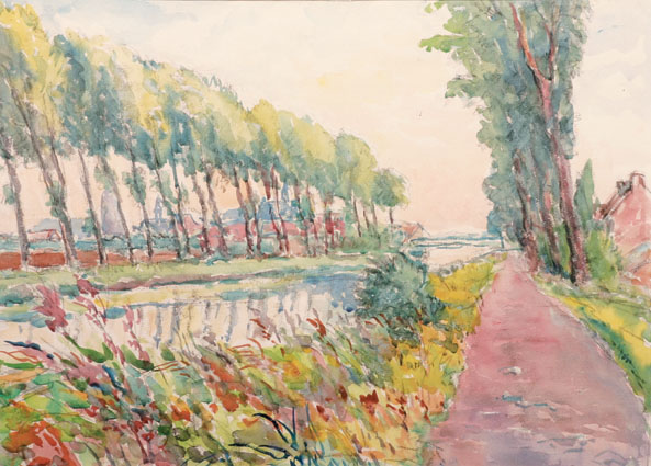 Fritz Merwart - Poplars at a streamlet, a village beyond Poplars at a streamlet, a village beyond