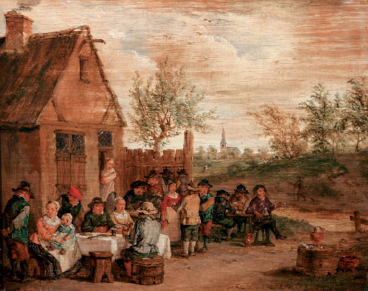 Peasants chattering and carousing in front of a tavern in a landscape