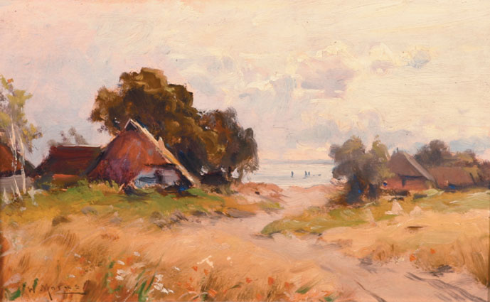"A village in the dunes, Baltic Sea beyond"