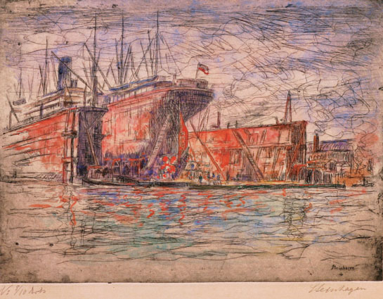 A steamer in a wharf in the harbour of Hamburg