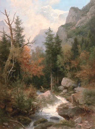 A rapid brook in a wooded landscape, a shining summit beyond