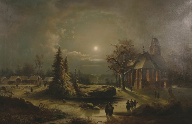 "An extensive landscape in moonlight with people going to church"