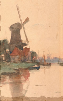 A dutch river landscape with windmills and boats