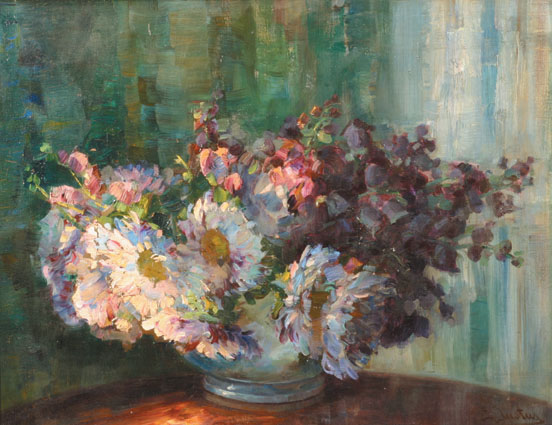 A stillife with shining autumn flowers in a bellied vase