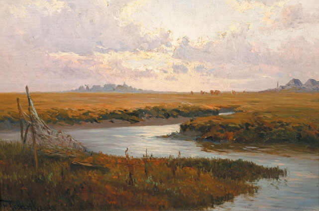 An extensive marsh landscape, two 'Halligs' beyond