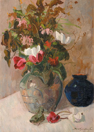 Jens Sinding-Christensen - A stillife with lilacs and other flowers A stillife with lilacs and other flowers