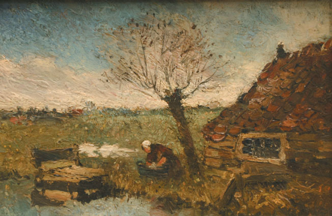 A landscape with a cottage and a washing woman at a pond