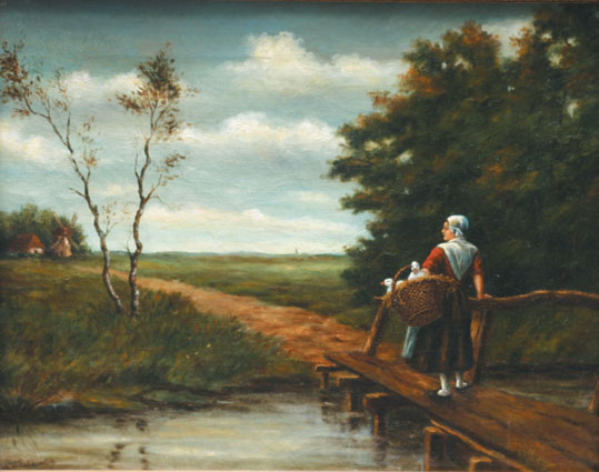 A peasant girl with white young ducks in a basket, on a small bridge