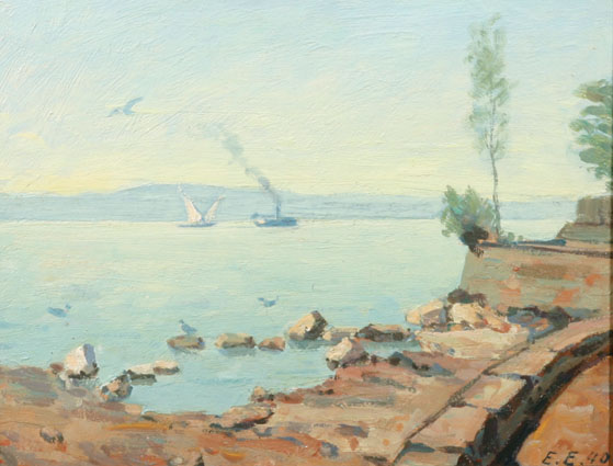 View on a southern bay with a latin sailship and a steamboat