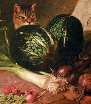 A stillife with pumpkin  and leek, cat and mouse