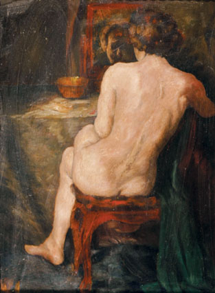 A female back-nude sitting in front of a mirror