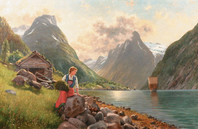 Sitzendes Mädchen in einer großen, lichtbetonten Fjordlandschaft