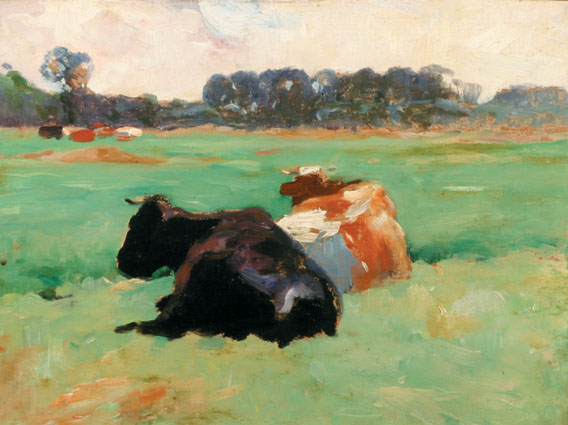 Two cows, black and tan, resting on a pasture