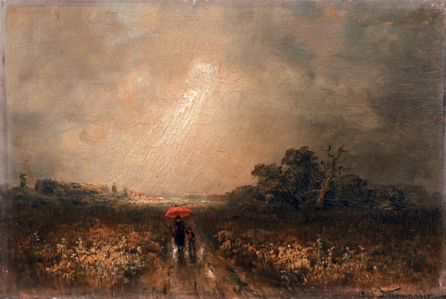 "Mother and child going home in stormy weather"