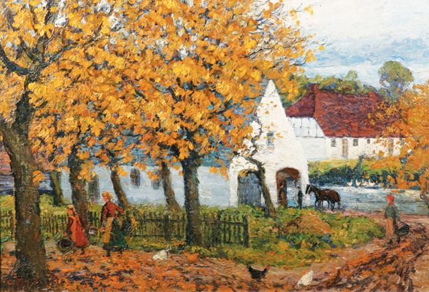 Farmhouse and stables in autumn, figures and various animals around