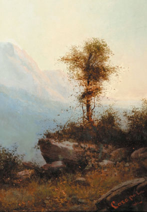 "Romantischer Blick über Baum, Fels und Tal auf das Elbrus-Gebirge"