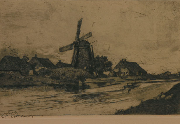 A river landscape with a village and a windmill in Northern Germany