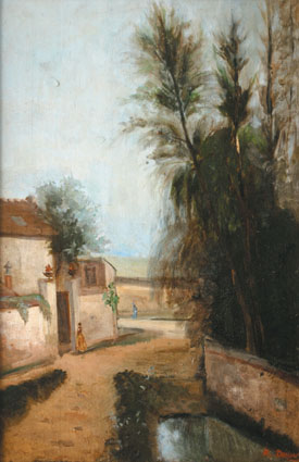 A partial prospect of a castle garden, two persons in the middleground