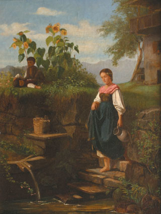 A peasant girl with a jar on the steps to a deep fountain