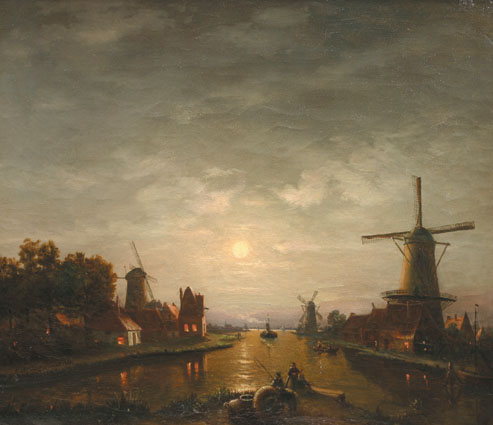 A dutch town at the banks of a river in moonshine