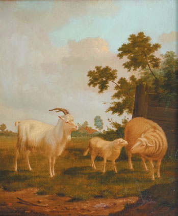 Goat, sheep and lamb in a landscape, fence and farmhouse beyond