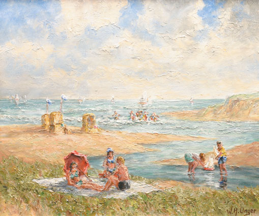 Bathing people and playing children at the seashore (Sylt)