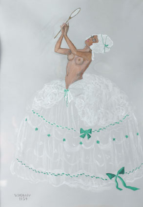 A brown female dancer in a white tulle 'crinoline' (half nude)