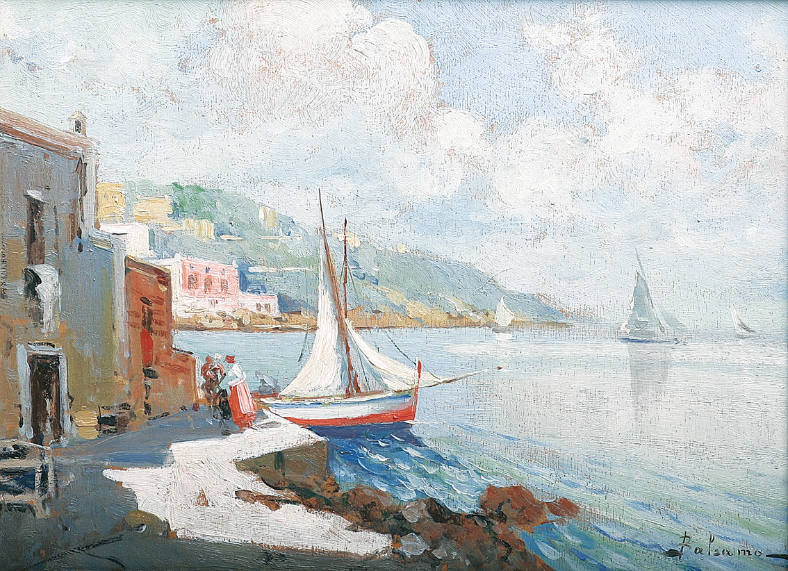 An italian coastal view with figures and boats