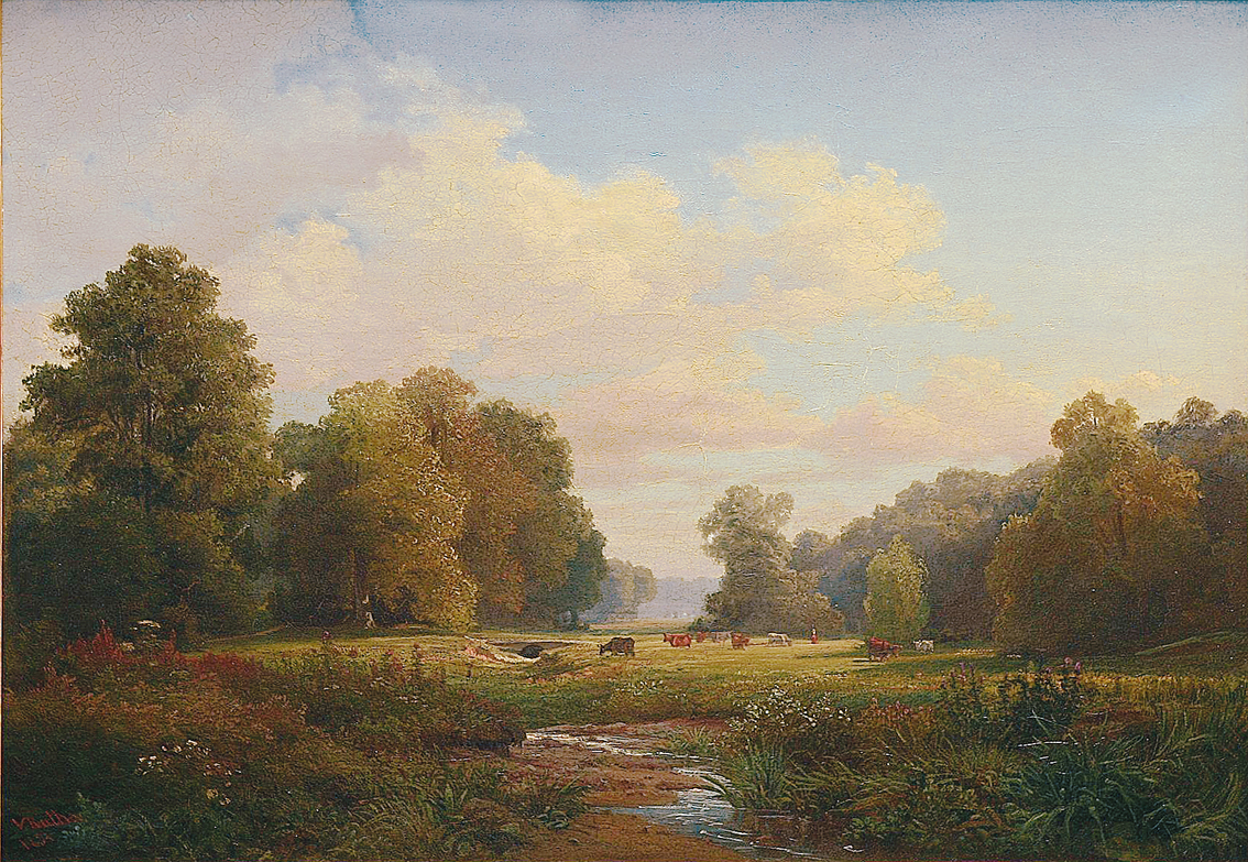 A wooded pasture landscape with a brook and cattle and a shepherdess