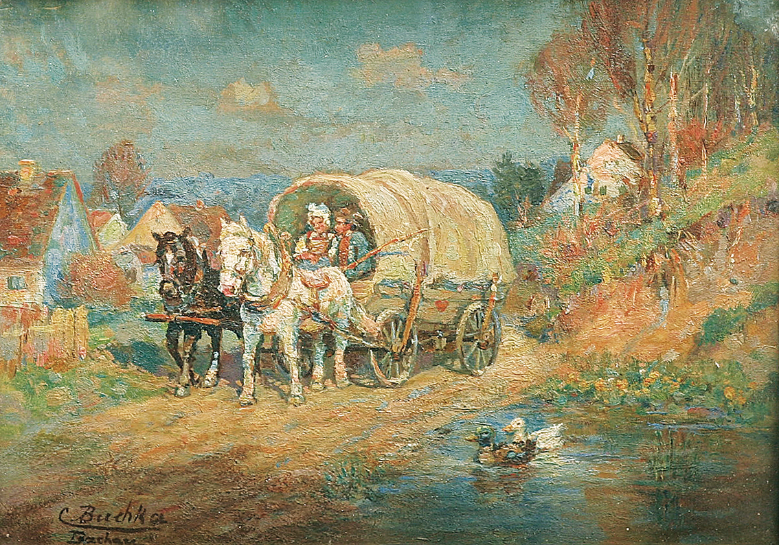 A horsedrawn carriage on the road by a village
