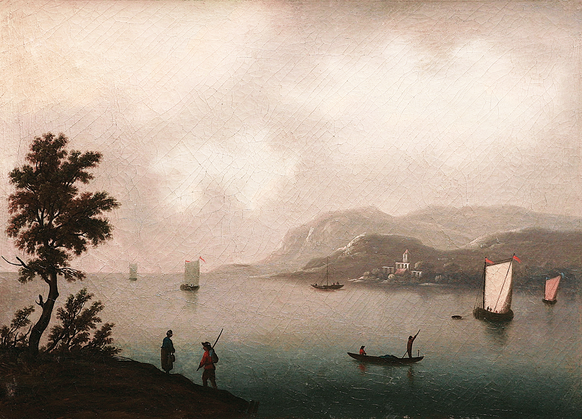A coastal view with figures and boats
