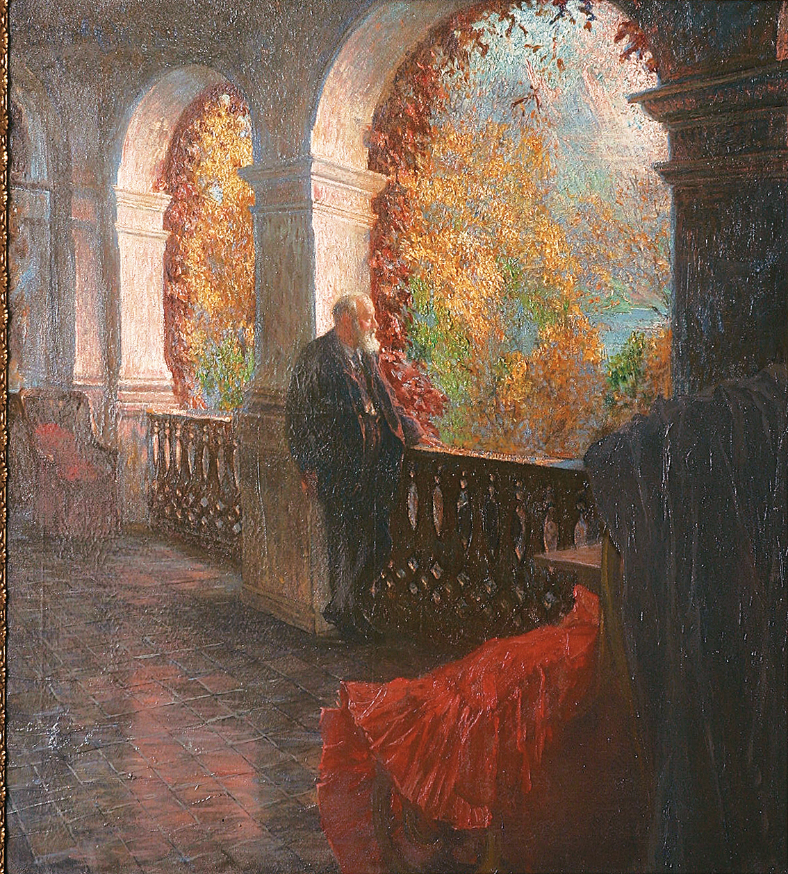 A gentleman on a castle-terrace in autumn