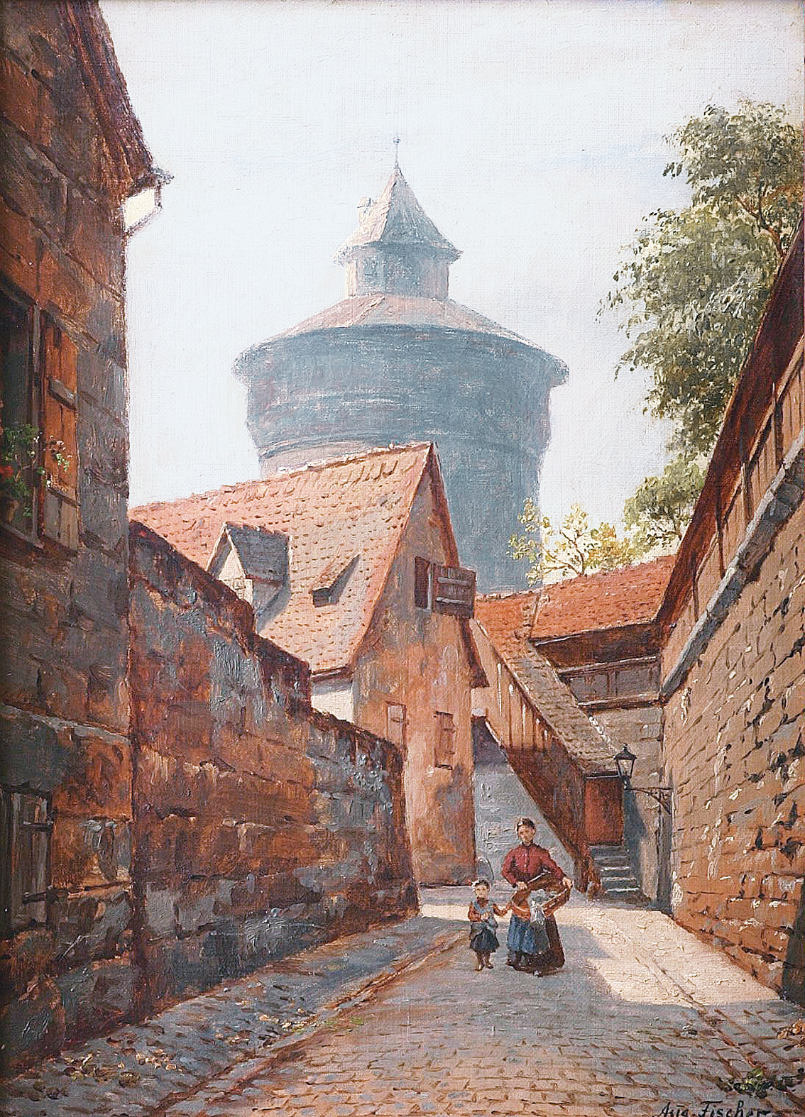 A partial view of Old Nuremberg, with figures