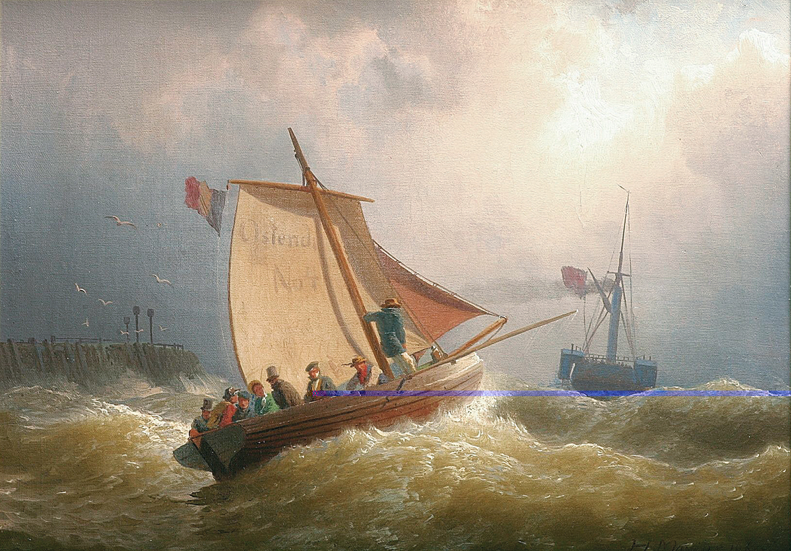 Barkasse und Raddampfer auf unruhiger See vor Ostende